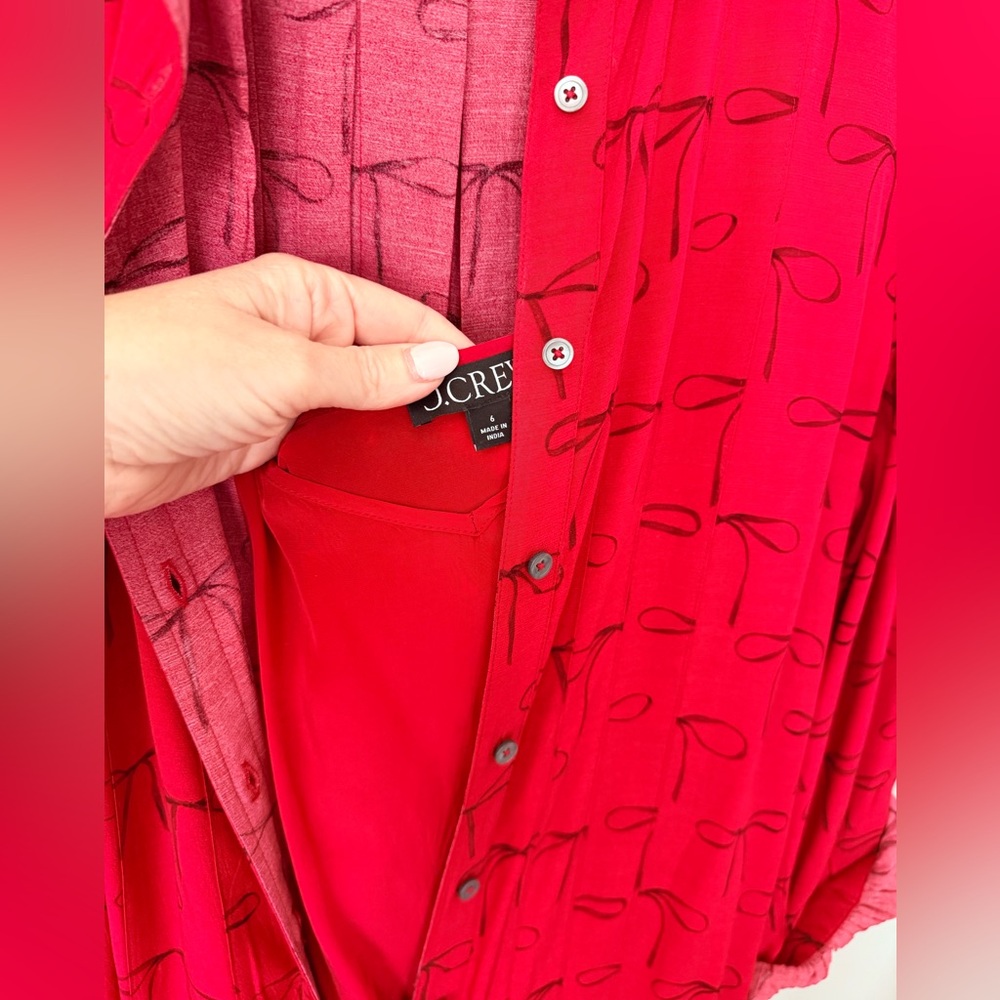 J. Crew Red Bow tie drapey Midi Shirt Dress with Tie Waist 6 - Picture 7 of 8